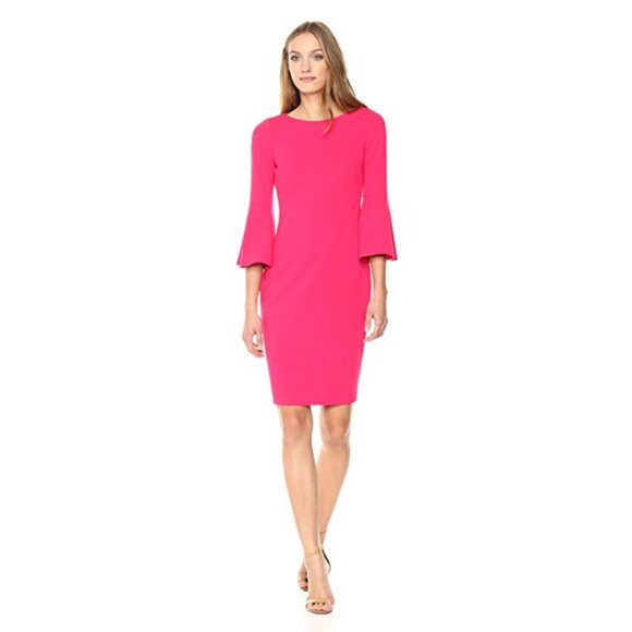 NEW Calvin Klein Hot Pink Scuba Crepe Sheath Bell Sleeves Work Office Knee - Picture 1 of 7